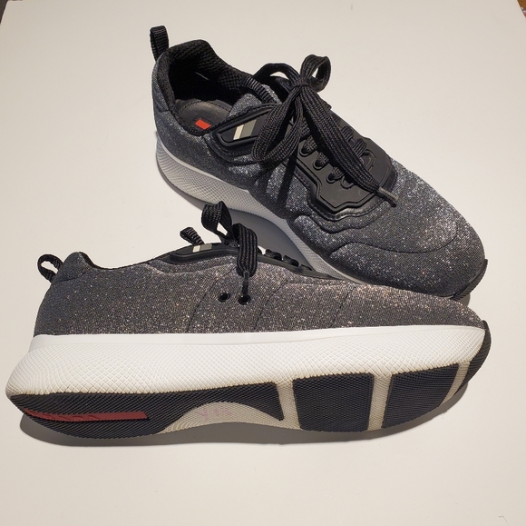 Prada Argento Lurex Metallic Quilted Platform Sneakers Size 40.5 EUC - Picture 5 of 17